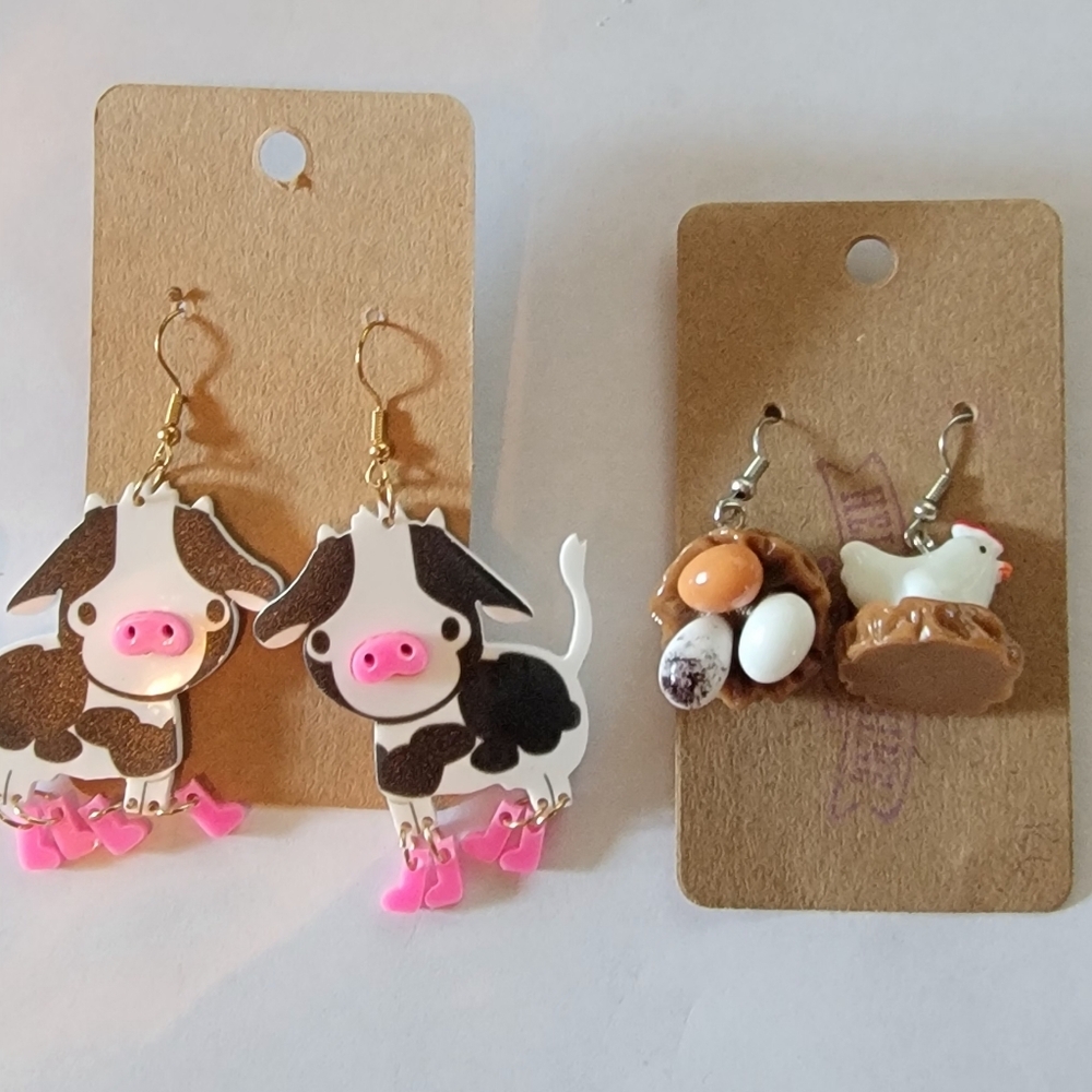 2 Pair Cute Cow and Chicken Earrings